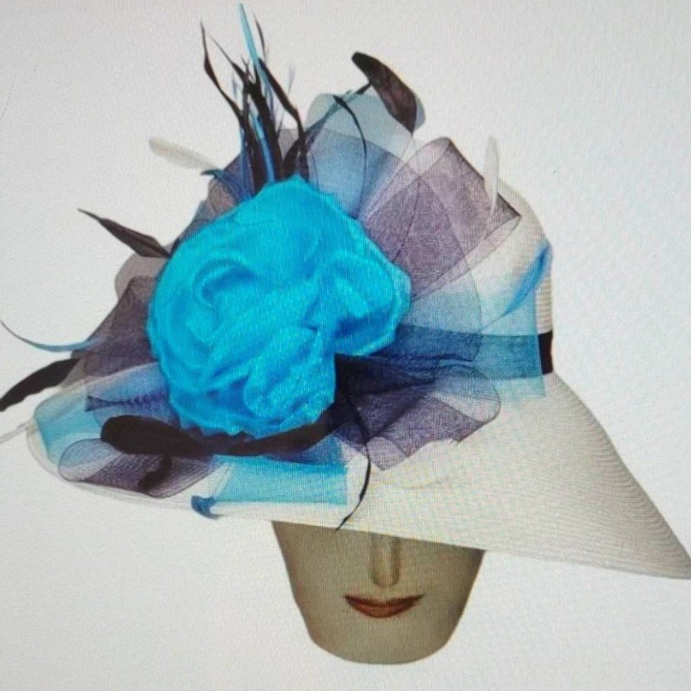Kate Landry Womens Blue Floral Derby Hat Wide Brim White Navy  Church Hat